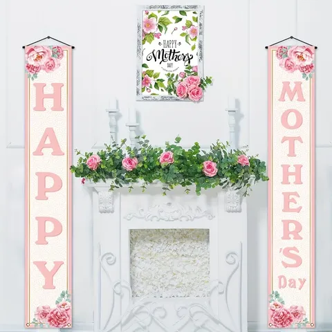 Mother's Day Porch Banner Decoration Pink Floral Happy Mother's Day Hanging Sign For Front Door Party Home Outdoor Couplet