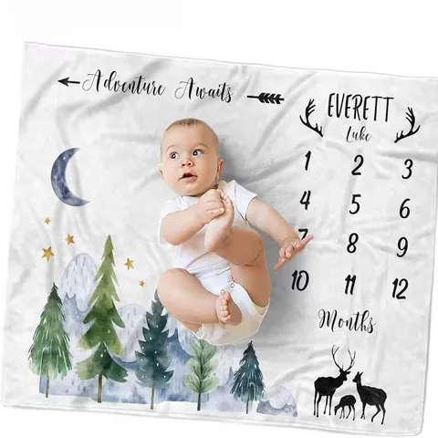 Watercolor Forest Baby Milestone Blanket Monthly Growth Photography Record Soft Polyester Adventure Awaits Infant Backdrop Blanket
