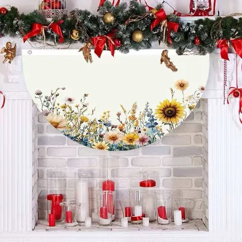 Floral Outdoor Garden Fan Flag Polyester Hemicircle Pleated Bunting For Fence Yard Balcony Decorative Hanging Flag Banner