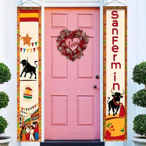 Spanje San Fermín Stierenvechten Thema Verandabanner Festivalfeest Decor Polyester Hangende Vlag Paar Voor Tuiningang Werf