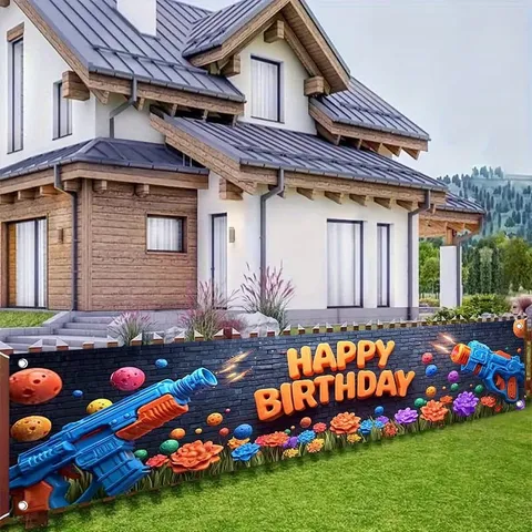 Bannière Joyeux Anniversaire Thème Pistolet à Eau Toile de Fond Décoration de Fête d'Anniversaire pour Enfants en Polyester Imprimé Floral Mur de Briques