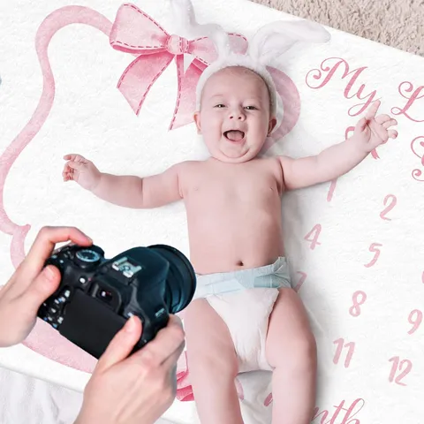 Pink Bow Baby Milestone Blanket For Photography Background Newborn Girl Monthly Growth Record Polyester Fleece Photo Prop