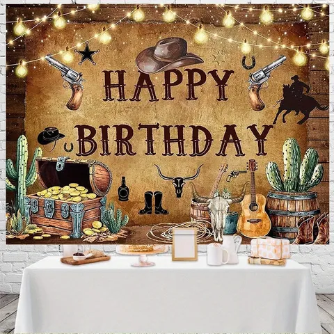 Sfondo di Buon Compleanno a Tema Cowboy Occidentale Panno di Sfondo Fotografico in Poliestere per la Decorazione della Festa di Compleanno dei Bambini