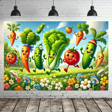Vegetable Party Theme Photography Background Cloth Cartoon Carrot Tomato Pattern Polyester Tapestry For Kids Party School Decor