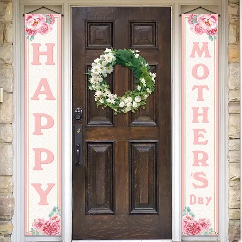 Mother's Day Porch Banner Decoration Pink Floral Happy Mother's Day Hanging Sign For Front Door Party Home Outdoor Couplet
