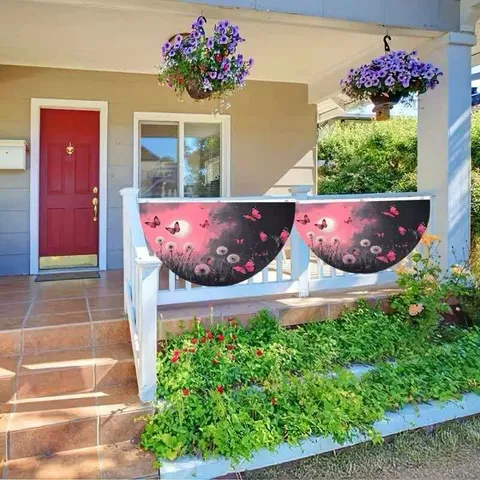 Polyester Butterfly Dandelion Print Fan Shaped Flag Half Round Decorative Bunting For Yard Fence Outdoor Garden Hanging Decoration