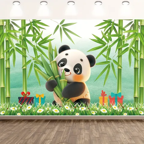 Cartoon Panda Bamboo Forest Theme Birthday Party Photography Backdrop 100D Polyester Kids Portrait Photo Studio Background Wall Hanging Decor