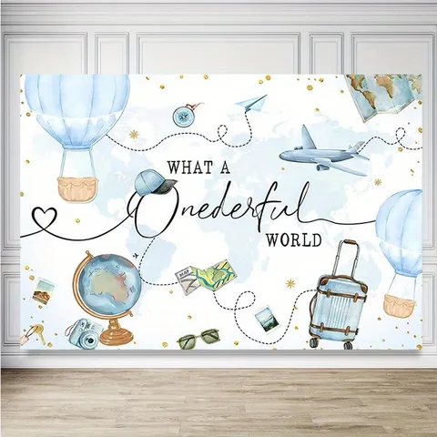 Travel Theme Photography Backdrop First Birthday Party Decor Hot Air Balloon Airplane Map Polyester Background Cloth For Baby