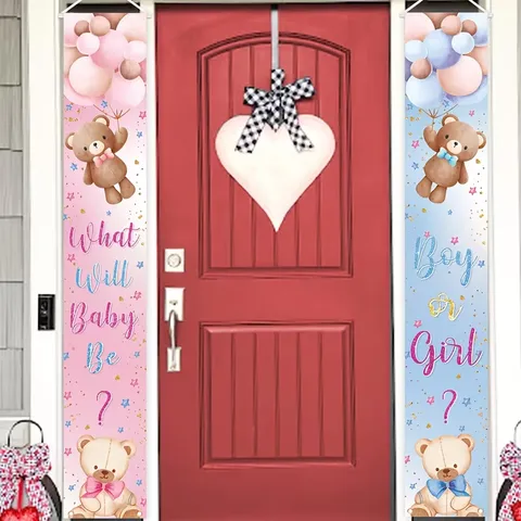 Gender Reveal Porch Banner Pink Blue Bear Balloon What Will Baby Be Boy Or Girl Hanging Flags For Baby Shower Party Decoration