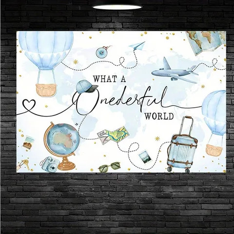 Travel Theme Photography Backdrop First Birthday Party Decor Hot Air Balloon Airplane Map Polyester Background Cloth For Baby