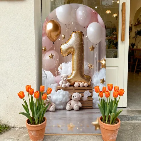 Pink Gold Cloud Balloon Arch Backdrop Cover 1st Birthday Party Decoration Teddy Bear Baby Shower Photography Background Fabric
