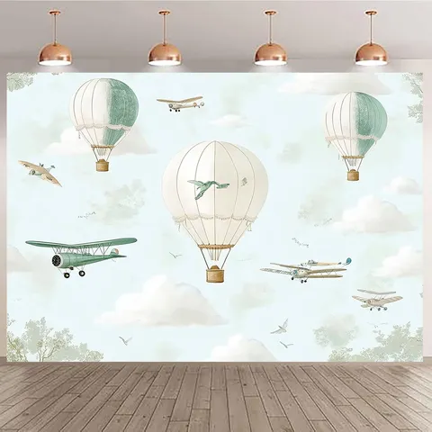 Vintage Flight Adventure Photography Background Cloth Hot Air Balloon Airplane Cloud Backdrop For Kids Party Nursery Decor