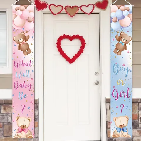 Gender Reveal Porch Banner Pink Blue Bear Balloon What Will Baby Be Boy Or Girl Hanging Flags For Baby Shower Party Decoration