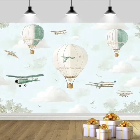 Vintage Flight Adventure Photography Background Cloth Hot Air Balloon Airplane Cloud Backdrop For Kids Party Nursery Decor