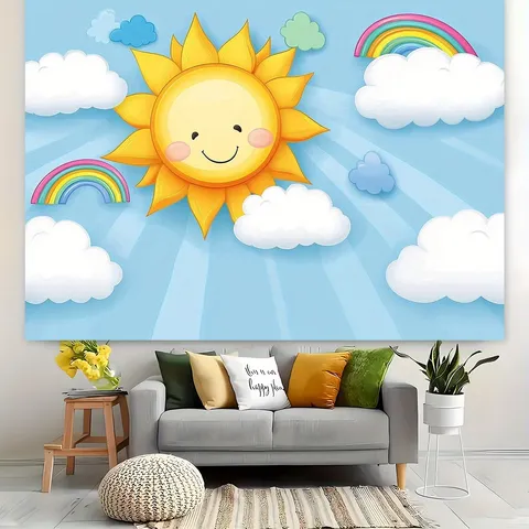Cartoon Cartoon Sun Rainbow Cloud Photography Backdrop Cute School Event Decoration Printed Polyester Backdrop Fabric For Photo Studio Kids Party Backdrop