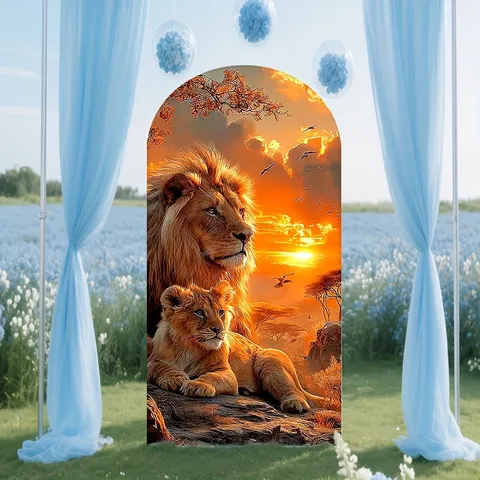Leeuw Vader Zoon Thema Boog Achtergrond Cover Voor Jongens Verjaardagsfeestje Decoratie Afrikaanse Savanne Zonsondergang Safari Party Achtergrond