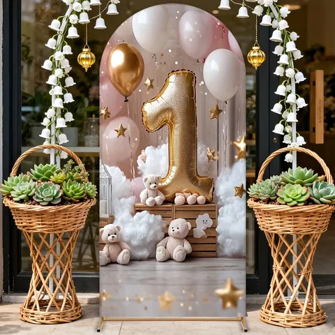 Pink Gold Cloud Balloon Arch Backdrop Cover 1st Birthday Party Decoration Teddy Bear Baby Shower Photography Background Fabric