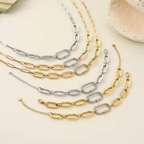 Parure Collier et Bracelet Chaîne Cubaine en Acier Inoxydable avec Strass pour Femme Bijoux de Mode Incrustés