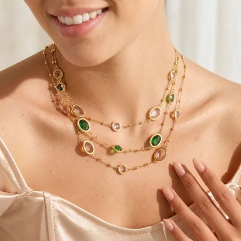 European Style Gold Plated Stainless Steel Bezel Set Elliptical Rhinestone Clavicle Chain Necklace For Women Party Jewelry