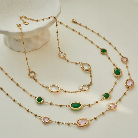 European Style Gold Plated Stainless Steel Bezel Set Elliptical Rhinestone Clavicle Chain Necklace For Women Party Jewelry