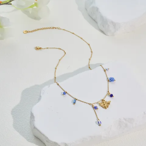 Pastoral Gold Stainless Steel Enamel Flower Jewelry Set Shell Colorful Beads Bee Bird Dangle Earrings Necklace Bracelet