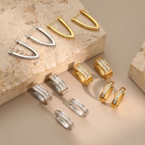 Mode Edelstahl Strass Geometrische Creolen Für Damen Luxus Kleines Design Geometrische Eingelegte Kristall Huggie Ohrringe Schmuck