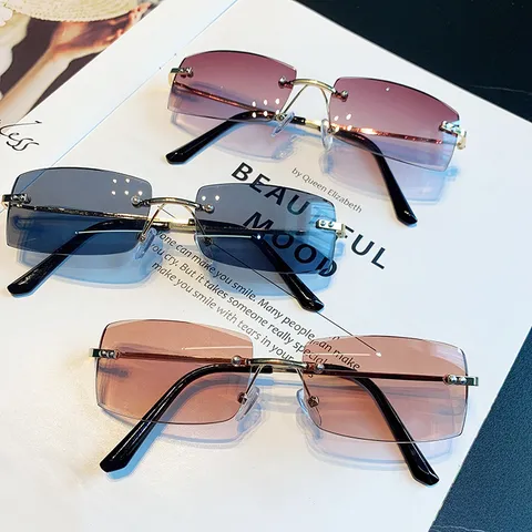 Fashion Rimless Sunglasses For Women Lightweight Cut-Edge Rectangular Gradient Lens Hip-Hop Style Metal Frame Sun Glasses UV400