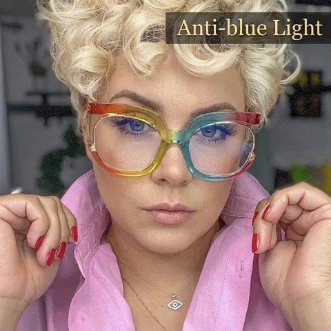 Montura de Gafas Oversize con Filtro de Luz Azul para Mujer Moda Europea Americana Gafas Redondas de Lentes Planas PC Resina Gafas de Tendencia