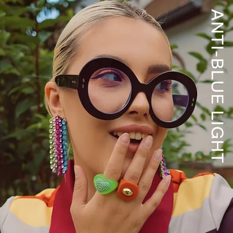 Grote Ronde Anti Blauw Licht Bril Modieus PC Montuur AC Lens Rijstnagel Bril Met Neutrale Glazen Voor Dames Trendy