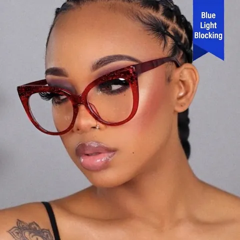 Montures de Lunettes Femme Vintage Œil de Chat Anti-lumière Bleue Pailleté Oversize Monture PC Mode Lentille Optique