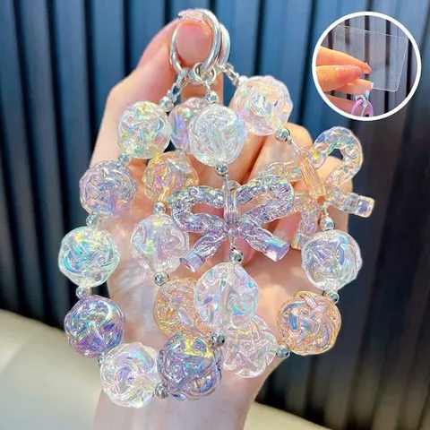 Irisierender Kristall Blume Perlen Schlüsselanhänger Süße Schleife Handgelenk Lanyard Für Handy Schlüssel Tasche Luxus Acryl Perlen Gurt Damen Schmuck Zubehör