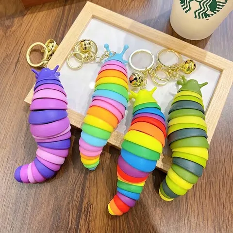Articulated Colorful Slug Fidget Toy Caterpillar Stress Relief Keychain Plastic Sensory Snail Toy Bag Pendant Gift For Kids Women