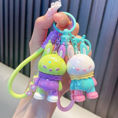 Cute Dopamine Color Block Rabbit Keychain For Car Bag Pendant Electroplated PVC Cartoon Doll Keychain Gift For Women Men