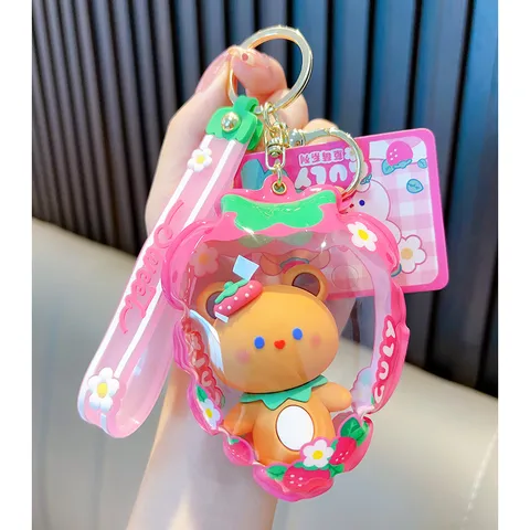 Strawberry Inflatable Bag Keychain With 3D Rabbit Bear Cartoon Character PVC Acrylic Keyring For School Bag Women Gift