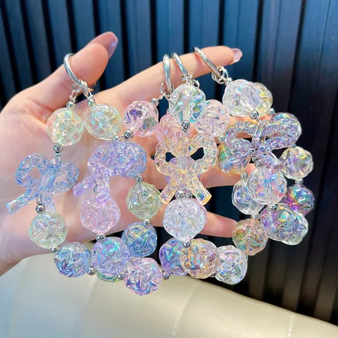 Irisierender Kristall Blume Perlen Schlüsselanhänger Süße Schleife Handgelenk Lanyard Für Handy Schlüssel Tasche Luxus Acryl Perlen Gurt Damen Schmuck Zubehör