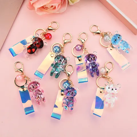 Floating Glitter Acrylic Bear Keychain Holographic Laser Strap Cute Animal Liquid Filled Bag Pendant Keychain For Women Kids Gift