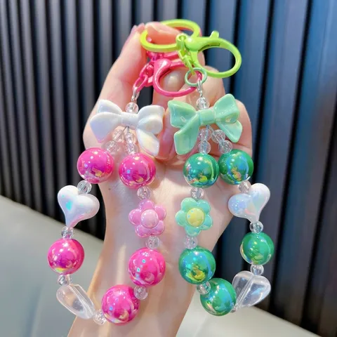 Acrylic Colorful Beaded Keychain Cute Bowknot Heart Flower Pendant Bag Charm Kawaii Girl Key Ring Gift Jewelry Accessory