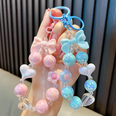 Acrylic Colorful Beaded Keychain Cute Bowknot Heart Flower Pendant Bag Charm Kawaii Girl Key Ring Gift Jewelry Accessory