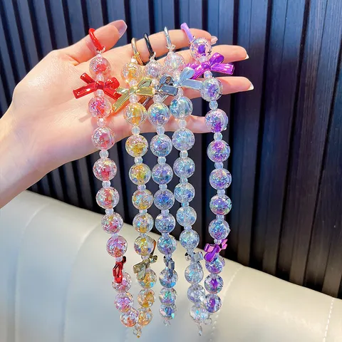 Cute Acrylic Beaded Keychain Clear Star Pattern Crystal Bead Phone Strap Charm Colorful Bowknot Bag Hanging Ornament For Women Girl Keyring Decoration