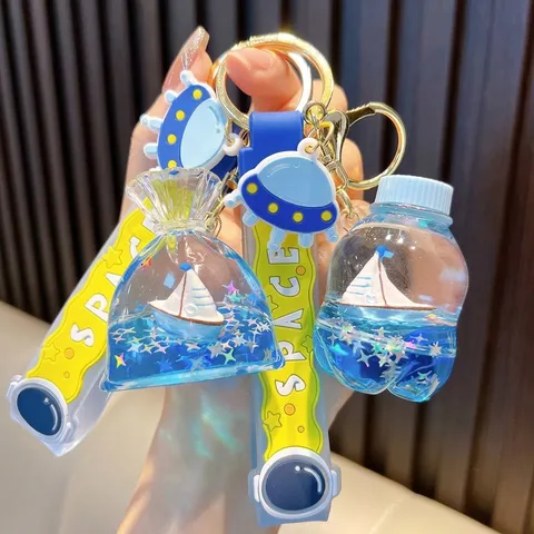 Kreativer Flüssiger Treibsand Drift Flasche Schlüsselanhänger Acryl Sich Bewegendes Ozean Segelboot Schlüsselring Astronaut Weltraum Armband Tasche Anhänger Geschenk