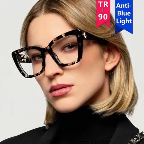 Women Oversized Square TR90 Anti-Blue Light Glasses Frame Retro Simple Leopard Print Plain Optical Glasses Frames For Daily
