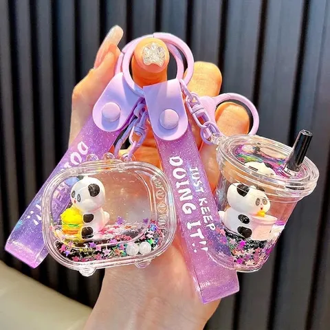 Cute Cartoon Panda Acrylic Quicksand Keychain Purple Liquid Floating Glitter Bag Pendant Charm For Backpack Decoration Girls Gift