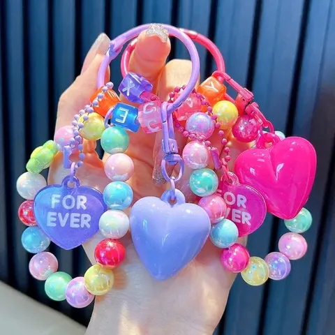 Acrylic Heart Beaded Keychain For Women Colorful Iridescent Beads Alphabet Letter Bag Pendant Cute Car Key Ring Accessories