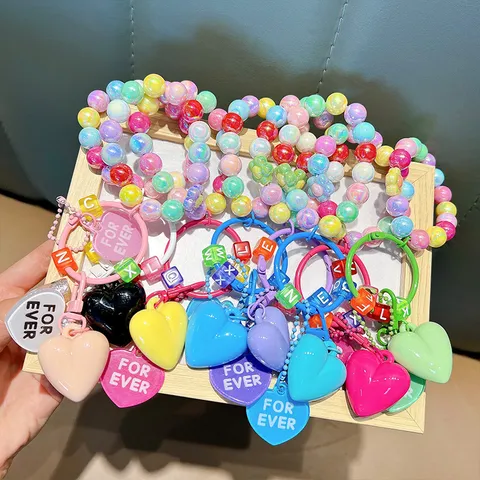 Acrylic Heart Beaded Keychain For Women Colorful Iridescent Beads Alphabet Letter Bag Pendant Cute Car Key Ring Accessories