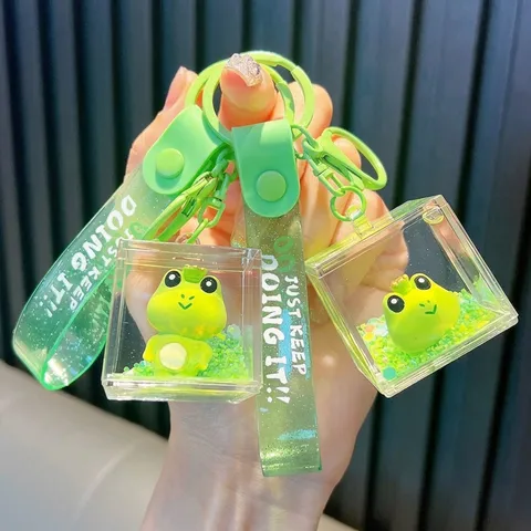 Cute Green Frog Liquid Filled Keychain With Sequins Soft PVC Strap Just Keep Doing It Slogan Acrylic Square Cube Bag Charm Keyring Gift