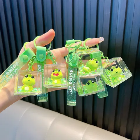 Cute Green Frog Liquid Filled Keychain With Sequins Soft PVC Strap Just Keep Doing It Slogan Acrylic Square Cube Bag Charm Keyring Gift