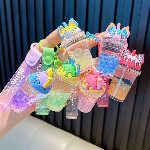 Cute Liquid Cat Ear Milk Tea Cup Keychain With Floating Bubble Beads Panda Strawberry Shape Oil Filled Quicksand Pendant For Bag Car Key Graduation Gift