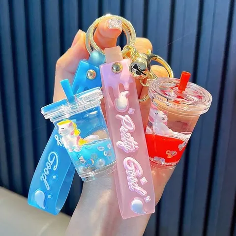 Simpatico Portachiavi a Forma di Tazza di Tè al Latte con Unicorno e Sabbie Mobili Liquide Ciondolo per Borsa con Cinturino in Silicone