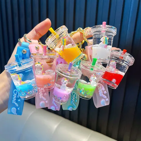 Simpatico Portachiavi a Forma di Tazza di Tè al Latte con Unicorno e Sabbie Mobili Liquide Ciondolo per Borsa con Cinturino in Silicone
