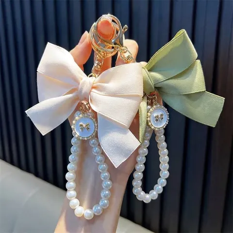 Handmade Beaded Artificial Pearl Bow Keychain For Women Cute Satin Ribbon Bag Pendant Gold Alloy Rhinestone Key Ring Gift Accessories